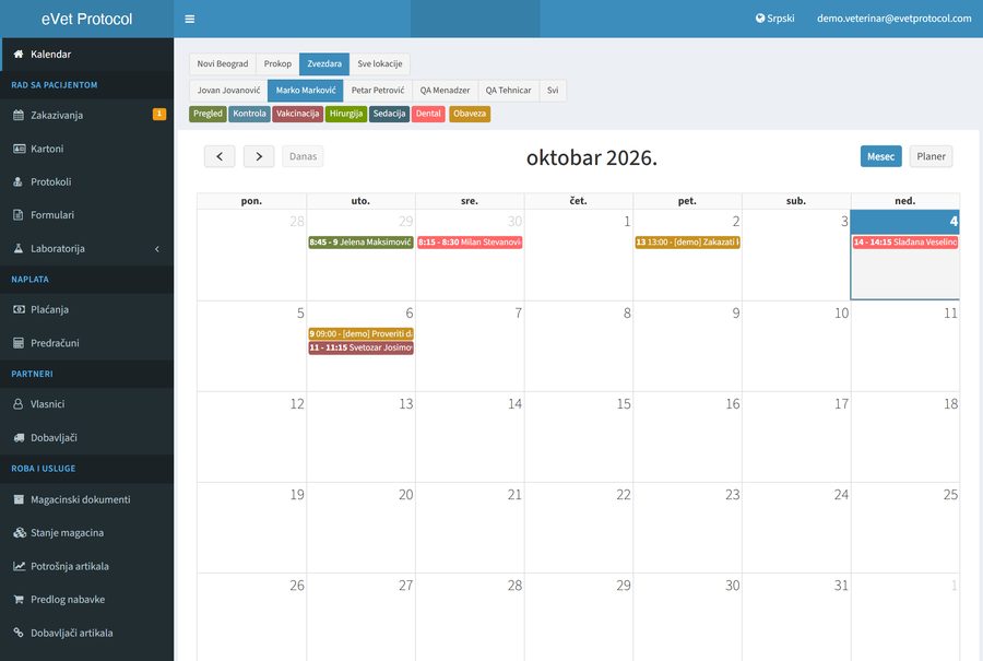 Kalendar zakazivanja u eVet-u, mesečni prikaz sa terminima po vrsti